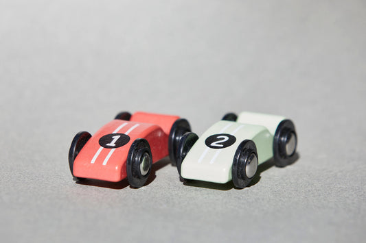 2 stylish retro wooden racing cars, made from sustainable FSC timber and environmentally friendly paint.